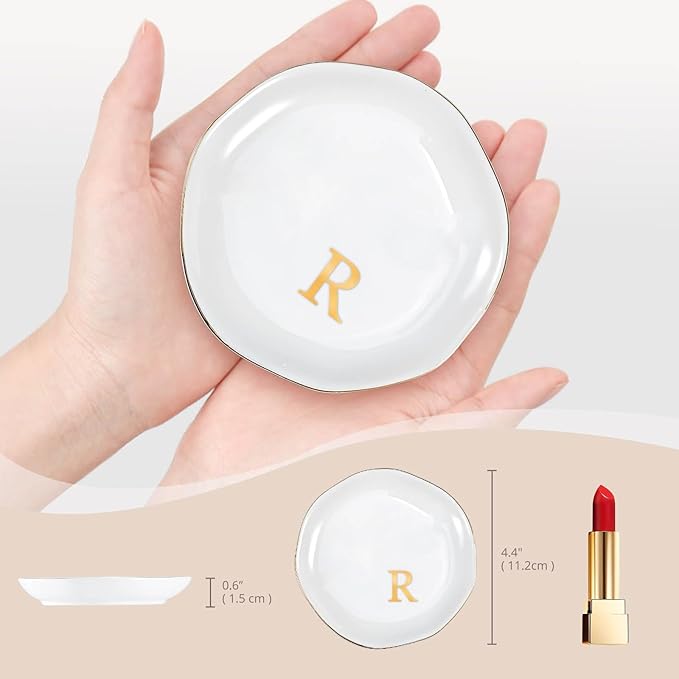 ProCase Ceramic Jewelry Tray, Initial Ring Dish Trinket Plate Engagement Gift, Small Personalized Monogram Ring Bowl for Wedding, White Decorative Jewelry Holder for Women Vanity -Letter R
