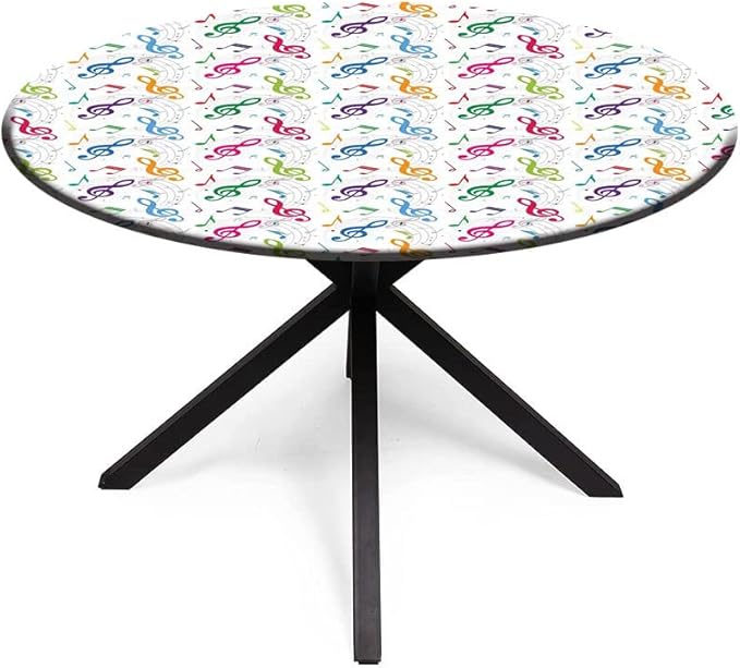 Elastic Tablecloth, Music Decor Decorative Fabric Table Cover for, Notes on Circle Shape Geometric Background Carnival, Fit Round Tables 23inch Diameter, for Restaurant Picnic Indoor and Outdoor Use