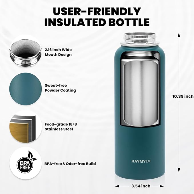 RAYMYLO Insulated Water Bottle 40 oz, Triple Wall Vacuum Stainless Steel | - Image 5