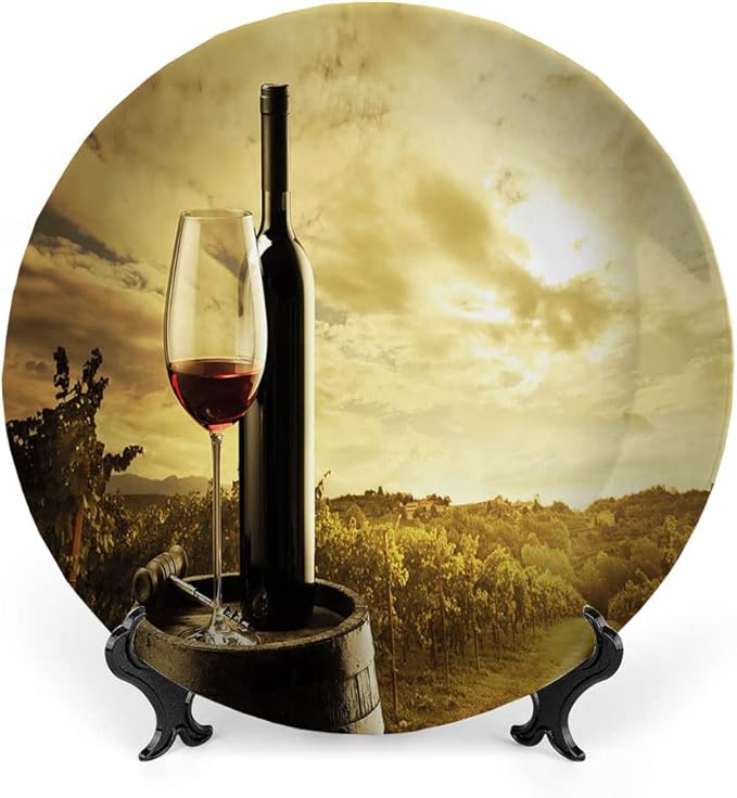 Ceramic Display Plate, Wine Ceramic Hanging Decorative Plate, Red Wine Bottle and Glass on Wooden Barrel, 7 Inch, Household Custom Ceramic Plate, Light Coffee Green Black