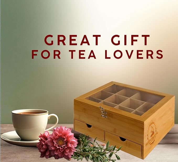 Naturustic Large Bamboo Tea Bag Box Organizer Storage Box, Tea Bag Holder with 2 Drawers & 12 compartments with acrylic Window, Caja de te, Caddy para te Ideal Christmas Gifts