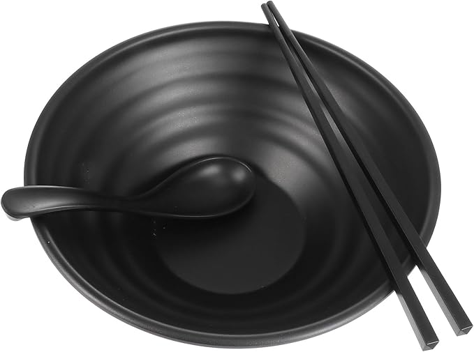 Creative Asian Style Noodle Bowl Set with Spoon and Chopsticks, Melamine Soup and Noodle Bowls, 1009L Capacity, Black, Restaurant Kitchen Tableware for Asian Dishes and Home Use
