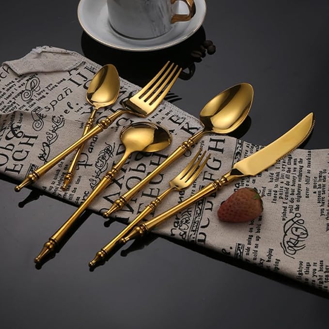 Gold Silverware Set for 16 Premium 18/10 Stainless Steel Flatware Set 64 Piece Include Knives Forks and Spoons Cutlery Utensils Light Luxury Vintage Style for Home Kitchen Christmas Restaurant