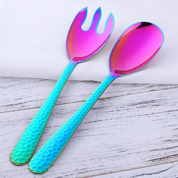 Salad Spoon and Fork Set, 12 Inch Stainless Steel Rainbow Salad Server - Image 6