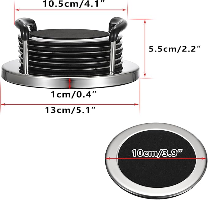 JUXYES Set of 6 Stainless Steel Round Coasters with Holder & Sponge Bottom, Silver Black Metal Cup Coasters Set Stunning Cool Coaster Cups Mats Decor for Restaurant Kitchen bar Dining Table