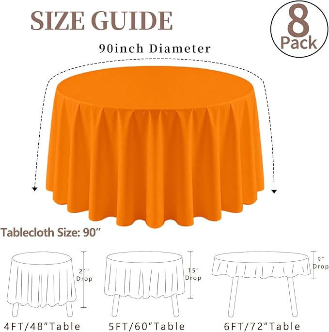 8 Pack Round Tablecloth 90 Inch Orange Tablecloth for Round Tables, Washable Polyester Table Cloth Stain and Wrinkle Resistant Decorative Table Cover for Wedding Party Dining Banquet