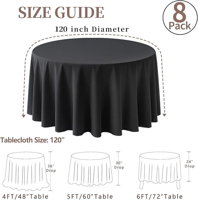8 Pack Round Tablecloth 120 Inch Cloth Black Tablecloth for Round Tables, Washable Polyester Table Cloth Stain and Wrinkle Resistant Decorative Table Cover for Wedding Party Dining Banquet