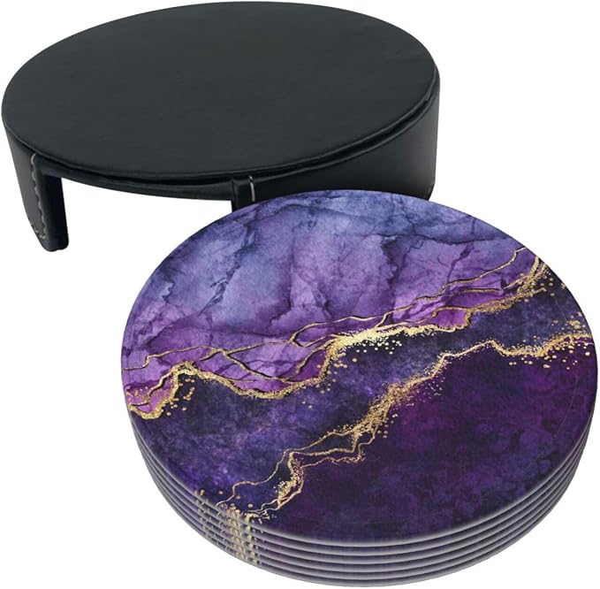 6 Pcs Purple Marble Abstract Gold Leather Coasters - Image 4