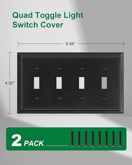 2-Pack Quad Toggle Light Switch Cover Plate, Black Decorative Switch Plate Covers, Natural Bamboo Fiber 4 Gang Wall Plate for Toggle Switch and Rotary Dimmer Switch