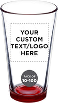 DISCOUNT PROMOS Custom Beer Pint Glasses 16 oz. Set of 10/50/100, Personalized Bulk Pack - Heavy Duty Glassware for Restaurant, Thick Base and Walls, Stackable - Red