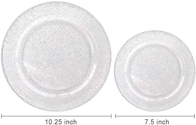 WDF 120PCS Silver Plastic Plates- Disposable Silver Glitter Plates, Premium Heavy Duty 60-10.25" Dinner Plates and 60-7.5" Salad Plates for Parties Wedding Valentine's Day