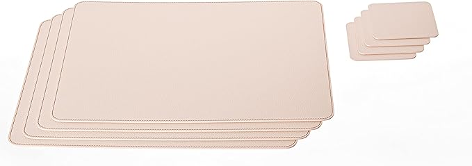Nikalaz Set of Small 4 Table Mats and 4 Coasters, Recycled Leather, Place Mats 15.7'' x 11.8'' and Coasters 3.9'' x 3.9'' (Creamy White with Light Pink Nuance)