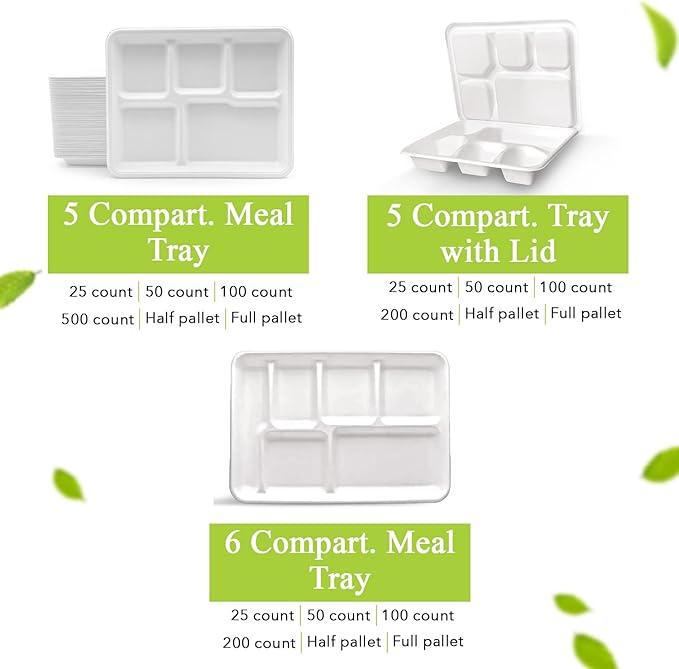 three leaf 5 COMPARTMENT BAGASSE (SCHOOL) TRAY 50 Ct. Heavy-Duty- Super Strong- Natural- Eco-Friendly Disposable Bagasse Plates, 100% Biodegradable 5 Compartment meal Plates