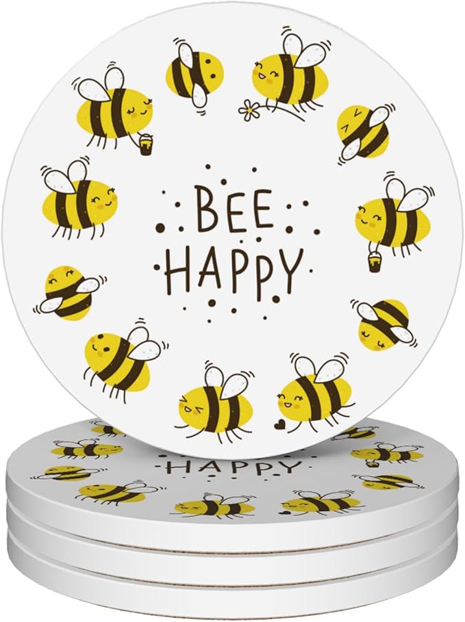 Bee Coasters Set of 4, Absorbent Ceramic with Cork Backing, Bee Happy Coaster Mats for Drinks, Ideal Gifts for Women Men