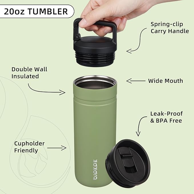 BJPKPK Insulated Water Bottle with 2 Lids,20 oz Double Wall Stainless Steel Vacuum Tumbler Travel Coffee Mug,Wide Mouth Thermal Cup,Forest Green