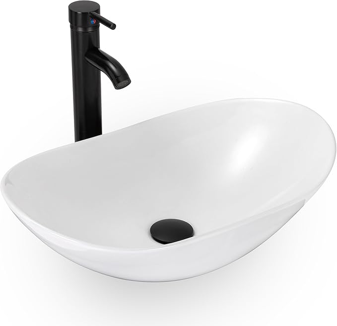 eclife Bathroom Ceramic Sink Bowl Classic White Boat Porcelain Vessel Sink and Faucet Combo for Bathroom Countertop Bowl Sink & ORB Pop Up Drain (T44)