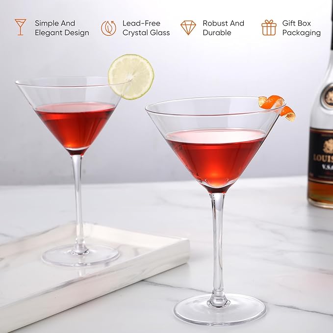 Martini Glasses Set of 2,Hand-blown 9.2OZ Crystal Cocktail Glasses for Espresso Martini,Cosmopolitan,Manhattan,Gimlet,Home Bar,Cocktail Party,Stemless Martini Glassware Gift Set