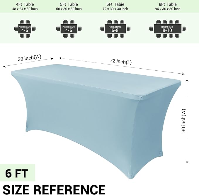 Obstal 6 Pack Spandex Stretch Table Covers for 6 Foot Tables - 6 FT Rectangular Fitted Tablecloth Protector for Wedding, Banquet, Party (Dusty Blue, 72'' Length x 30'' Width x 30'' Height)