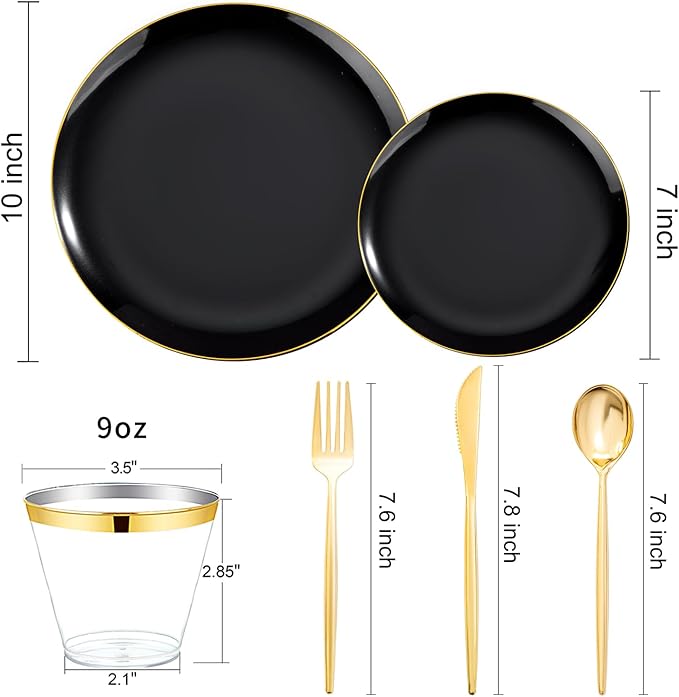 bUCLA 150PCS Black and Gold Plastic Plates - Black Gold Plastic Dinnerware Set Disposable - Include 25 Dinner / 25 Dessert Plates, 25 Knives, 25 Forks, 25 Spoons, 25 Cups, Ideal for Party & Birthday