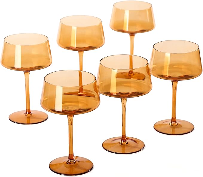 Hand Blown Colored Coupe Glasses Set of 6-13oz large Crystal Martini, Cocktail & Champagne Glasses -Cute & Colorful Cocktail Glassware-Perfect for Bar, Cocktails, Martinis-Wedding Gifts