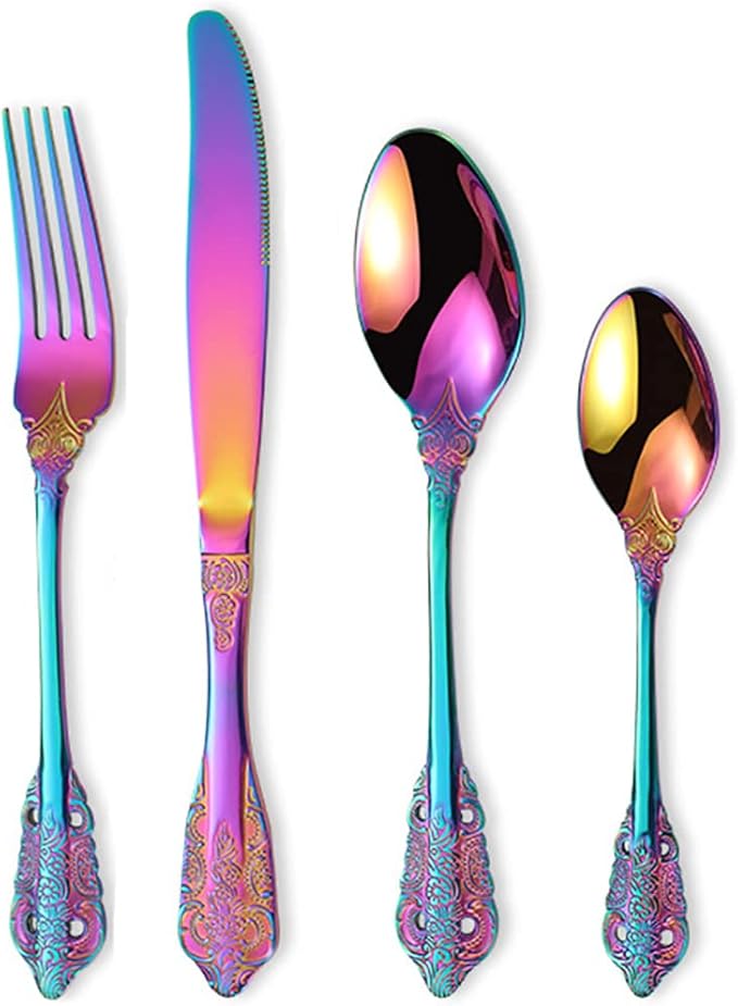 Vintage Colorful Silverware Flatware Set for 12, European Classic Style 48 Pieces Stainless Steel Tableware Cutlery Set,Fine Kitchen Utensils for Wedding Restaurant Hotel Christmas