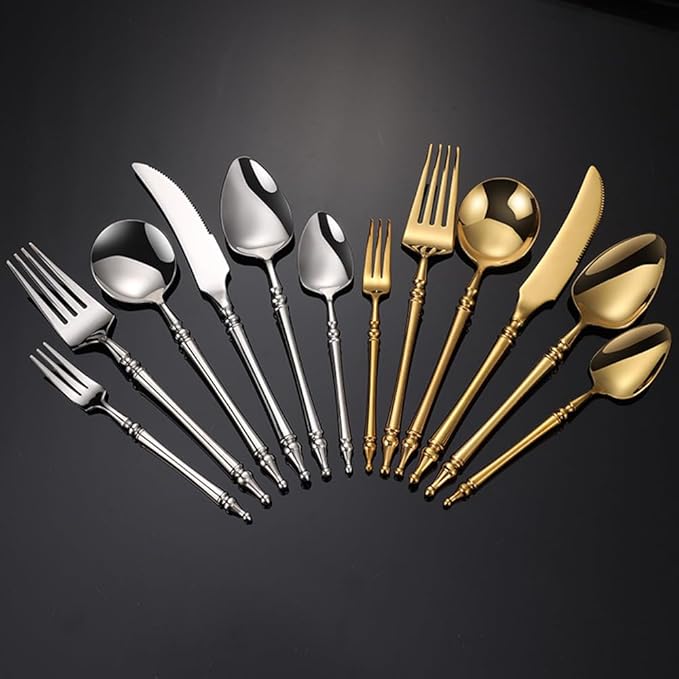 Gold Silverware Set for 12 Premium 18/10 Stainless Steel Flatware Set 48 Piece Include Knives Forks and Spoons Cutlery Utensils Light Luxury Vintage Style for Home Kitchen Christmas Restaurant