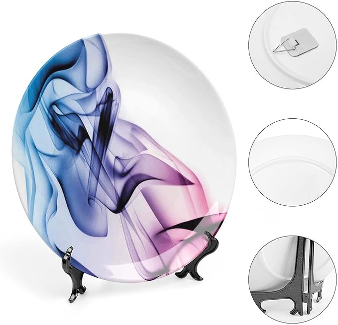 Ceramic Display Plate, Abstract Decor Ceramic Hanging Decorative Plate, Colorful Smoke Dynamic Flow Swirl Contemporary, 10 Inch, Living Room Kitchen Decoration Household, Fuchsia Blue