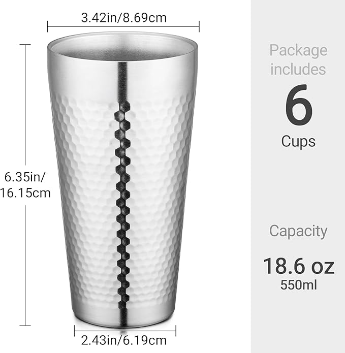 Beasea Stainless Steel Cups 19 oz, 6 Pack Large 18.6oz 550ml Stainless Steel Drinking Cups Water Tumbler Stackable Double Wall Insulated Individual Metal Pint Glasses Tin for Home Party Camping