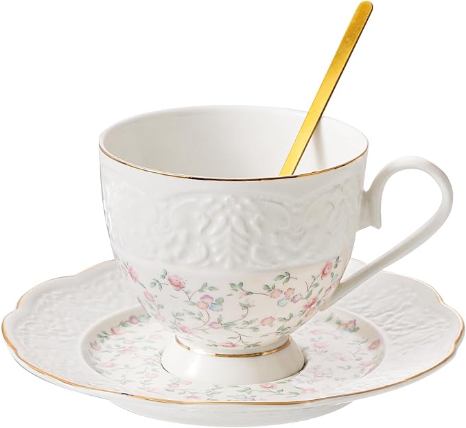 TATSUMI Interglio Embossed Bone China Tea Cup and Saucer Set, 3 Pieces Vintage by TATSUMI