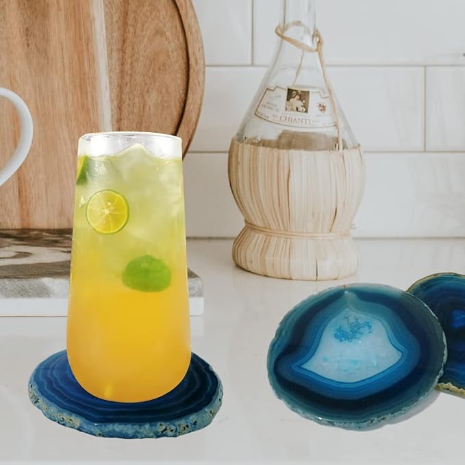 Natural Agate Coaster for Drinks Geode Stone Coasters Teal Irregular 4Pcs Dyed Agate Sliced Cup Mat 3-4'' DIY Decorative Paintings Ornaments Housewarming Gift