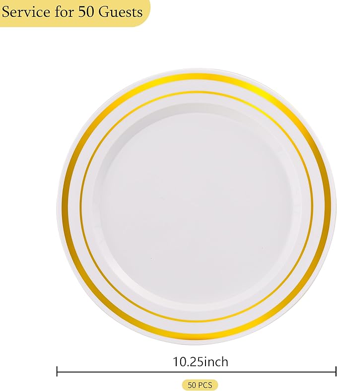 50 PCS Gold and White Plastic Plates for 50 Guests,10.25inch Gold Rimmed White Disposable Plastic Plates for Wedding,Party,Birthday,Smooth Edge & Heavy Duty Dinner Plate
