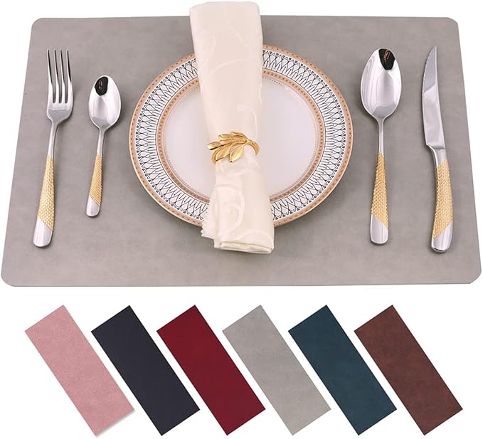 Placemats for Dining Table Set of 6,Faux Leather Eco-Friendly Wipeable Place Mats,Waterproof&Oilproof Table Mats,Washable,Heat-Resistant,Non-Slip for Kitchen Table(Grey,6)