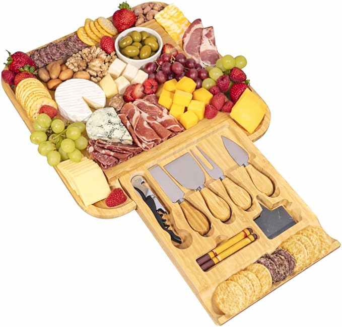 Large Bamboo Cheese Board Gift Set with Slide-Out Drawer & Knife Set – Charcuterie Board for Entertaining, Housewarming & Valentine’s Day Gifts