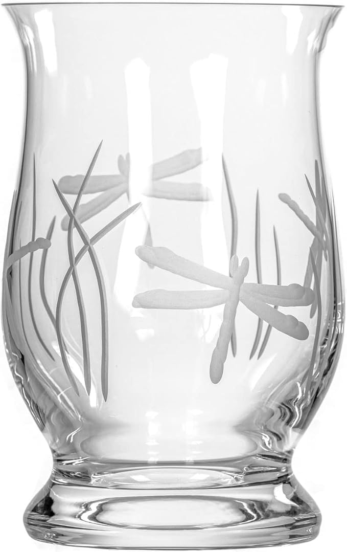 Rolf Glass Dragonfly Glass Hurricane Candleholder | 8-inch Engraved Hurricane Vase | Lead-Free Glass | Diamond-Wheel Engraved | Multi-use Pillar Candle Holder and Flower Vase