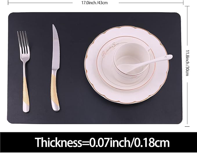 Faux Leather Placemats with Rounded Corners Set of 4,Wipeable&Washable Place Mats,Waterproof&Oilproof Table Mats,Heat-Resistant,Non-Slip for Kitchen Table(Black,4)