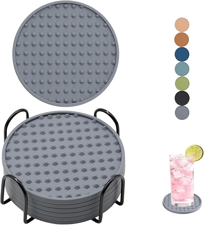 Set of 6 Silicone Coasters, 4'' Drink Coaster with Holder, Round Coasters for Drinks Beer Coffee Home Office Bar Desk Tabletop Protection, Non-Slip Rubber Coaster (Grey, 6 Pcs-Metal Holder)