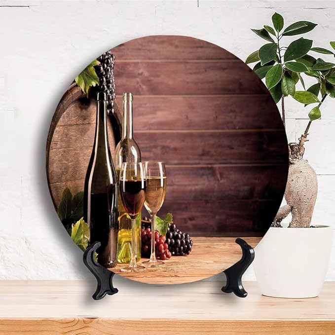 Ceramic Plates, Wine Decorative Ceramic Plates, Still Life of Wine with Wooden Keg Rustic, 8 Inch, Household Plates Decorative, Brown Green Light Brown