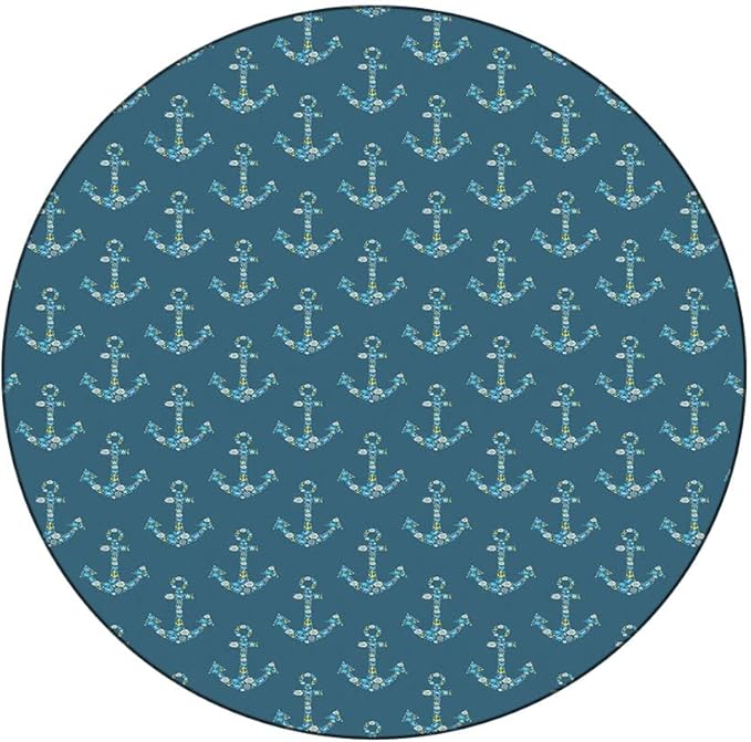 Round Tablecloth, Nautical Tablecloth for Side Table, Anchors Maritime Theme Decor, Fit Round Tables 44inch Diameter, for Outdoor Indoor Use, Petrol Blue Beige
