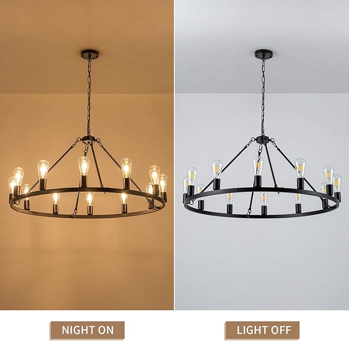 12-Light Wagon Wheel Chandelier, Farmhouse Dining Room Light Fixture, Black Round Rustic Chandeliers, Vintage Ceiling Hanging Pendant Light Fixture for Living Dining Room Bedroom Kitchen Foyer