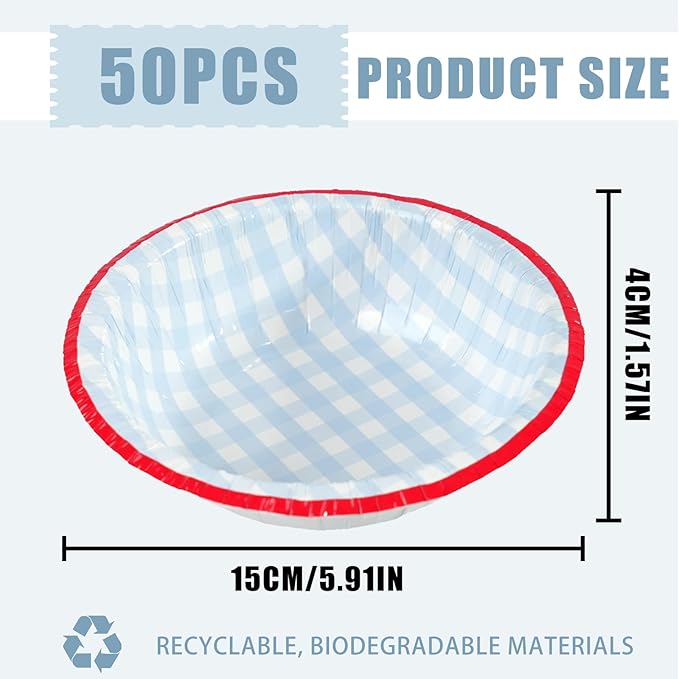 50 Pcs Small Paper Bowls, 8 oz Disposable Gingham Bowls, Soak Proof, Cut Proof, Microwave Safe Compostable Checkered Bowl for Ice Cream, Snack, Buffalo Plaid Birthday Party Supplies (Blue)