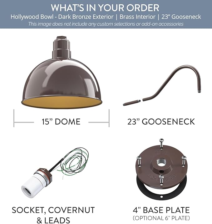 Steel Lighting Co. Hollywood Bowl Light | Outdoor Wall Mounted | 15 inch Bowl Dome | 23" Gooseneck | Barn Light Made in America | Dark Bronze Exterior/Brass Interior