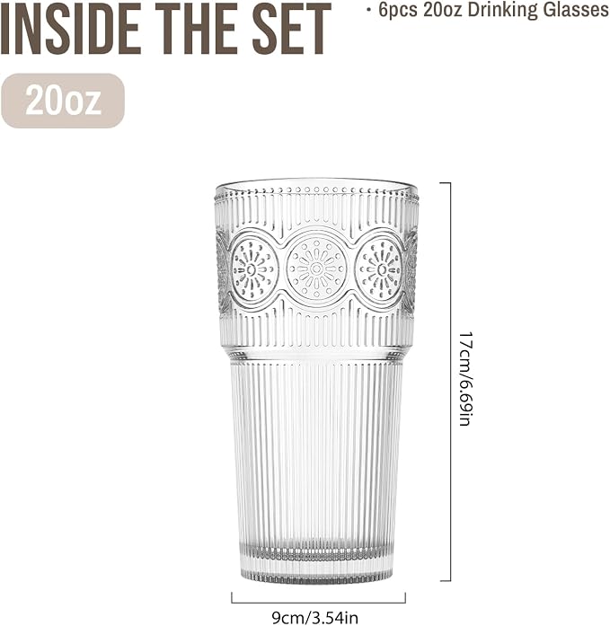 SoulTimes 20oz Drinking Glasses Set of 6, Large Thick Glass Cups Vintage - Image 4