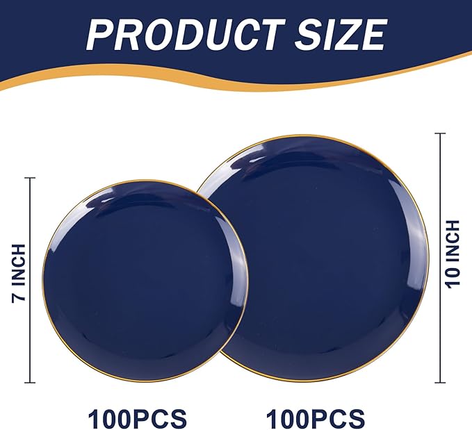 bUCLA 200PCS Blue Plastic Plates - Navy Blue Disposable with Gold Rim Include 100 Each (10 inch Dinner & 7 inch Dessert) Plates, Ideal for Party, Gathering and Hanukkah