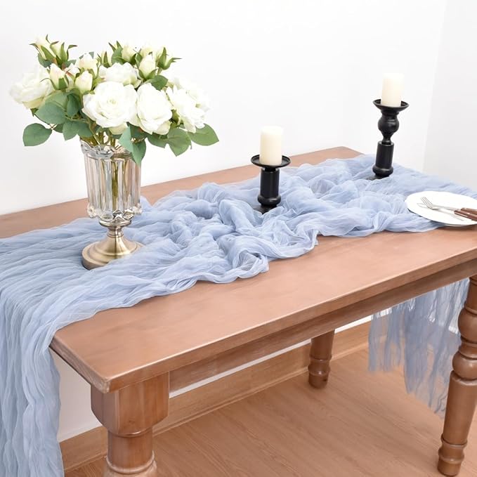 Joanlody Blue Cheesecloth Table Runner Spring Easter 10Ft Rustic Gauze Boho Cheese Cloth Table Runner for Wedding Bridal Baby Shower Decoration