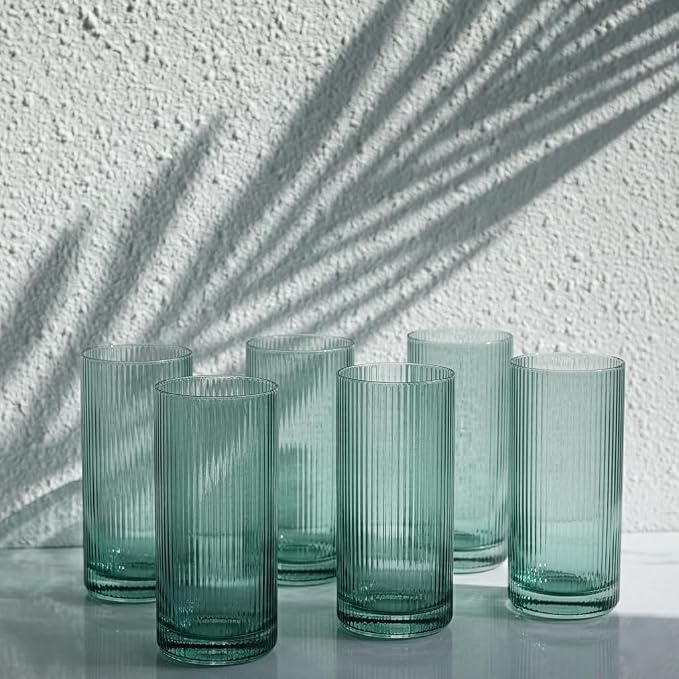 Physkoa Sage Green Ribbed Drinking Glasses Set of 6 – Vintage Embossed Highball - Image 6