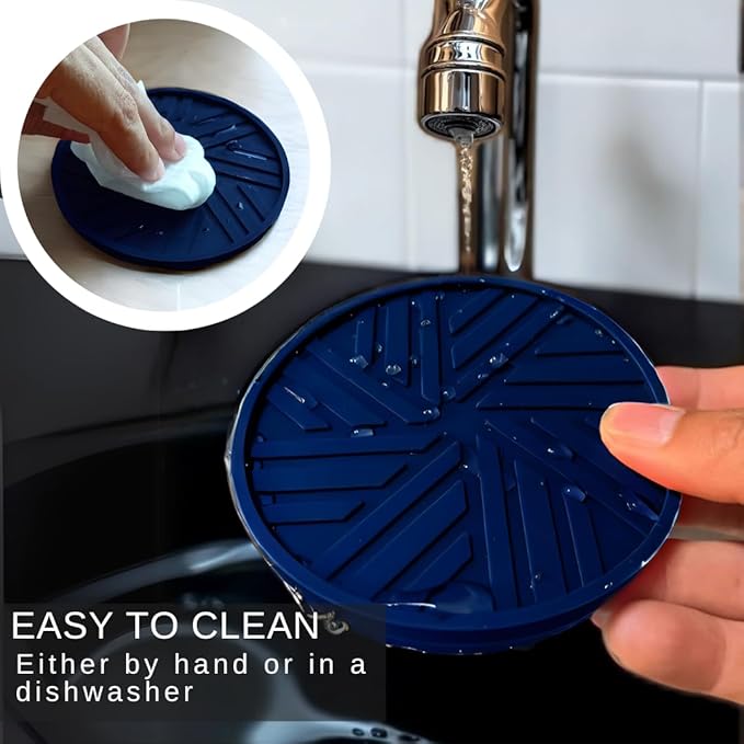 Coasters Set of 6 - Non-Slip Table Coasters for Drinks, Mugs, Glasses, Cups, Bottles - Round Pads with Stylish Groove Patterns & Gold Holder Stand - 4", 0.23" (Navy Blue)
