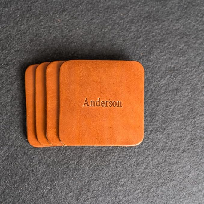 Ox & Pine Personalized Leather Coaster - Sold Individually or in Sets of 4 - Customize Inscription - 100% Full-Grain Leather – 4" Round or 4" Square (Square, Deep Ocean, Set of 4 Coasters)
