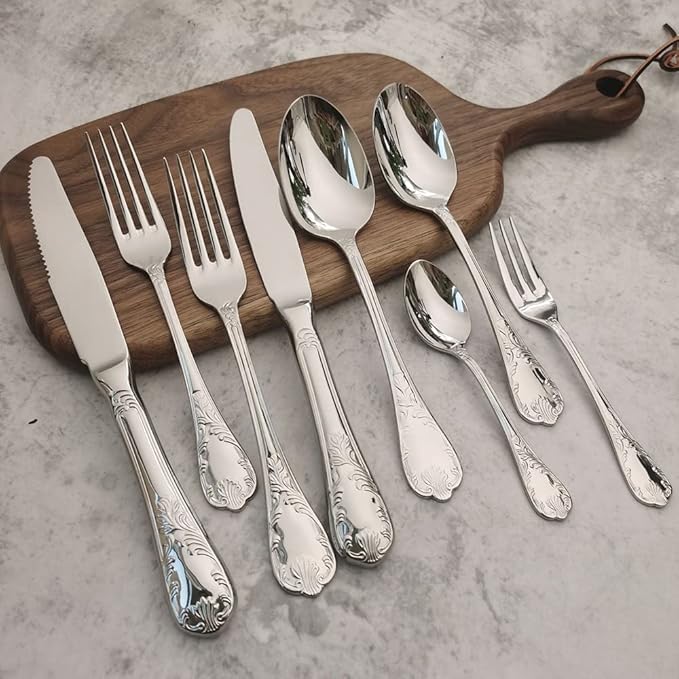 24-piece Silverware Set for 6, Retro Royal Palace Style Stainless Steel Flatware Cutlery Serving Utensils, Eating Tableware for Home Kitchen Hotel Restaurant, Mirror Polished