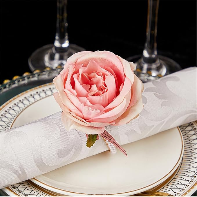 Pearl Napkin Rings Set of 6,Rustic Rose Napkin Rings Flower Dinner Napkin Holder for Table Decoration (21#Peach Pink)