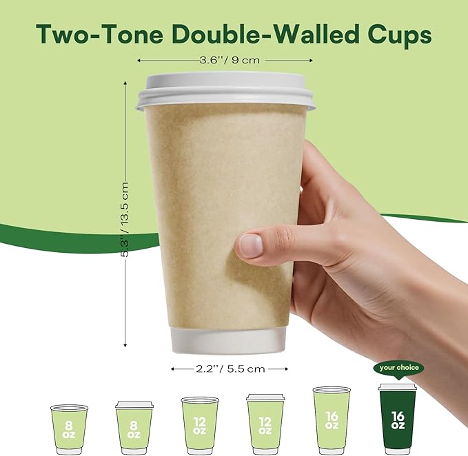 To Go Coffee Cups with Lids 16 oz Paper Cups,50 Pack Insulated Compostable Hot Cups with Lids, BPI Certified Natural Kraft Double Wall Disposable Coffee Cups for Everyday Togo Office Coffee Bar Supply
